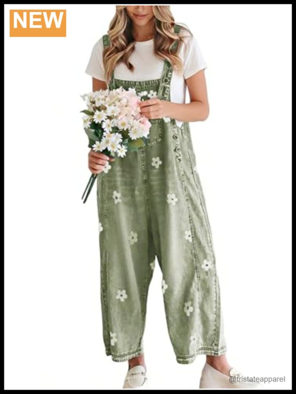 Women Floral Denim Bib Overalls Wide Leg Adjustable Strap Jumpsuit